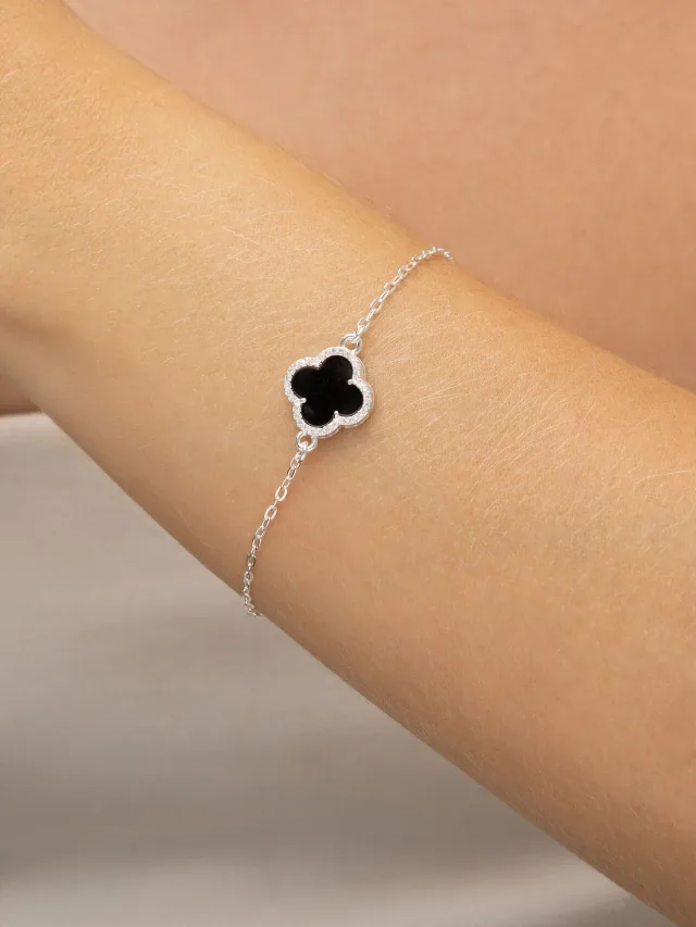 Pulseira de Prata 925 Trevo Preto Cravejado em Volta com Zircônias