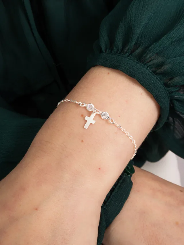 Pulseira de Prata 925 Religiosa e Pontos de Luz