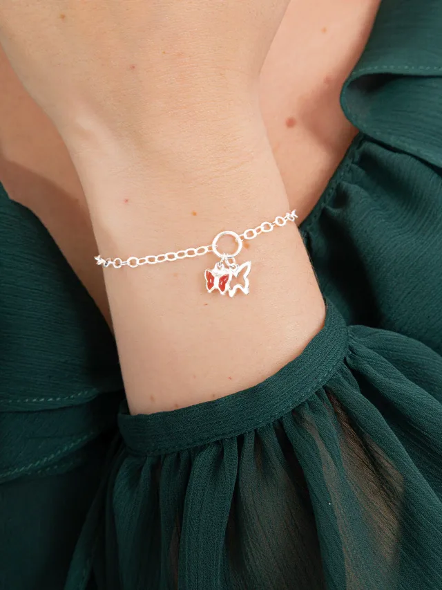 Pulseira de Prata 925 Borboletas Vazada e Vermelha