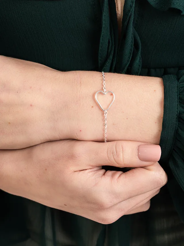 Pulseira de Prata 925 Coração Vazado Central
