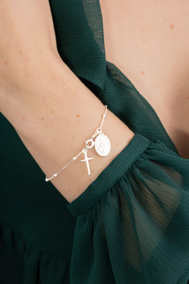 Pulseira de Prata 925 Terço com Medalha Sagrado Coração de Jesus