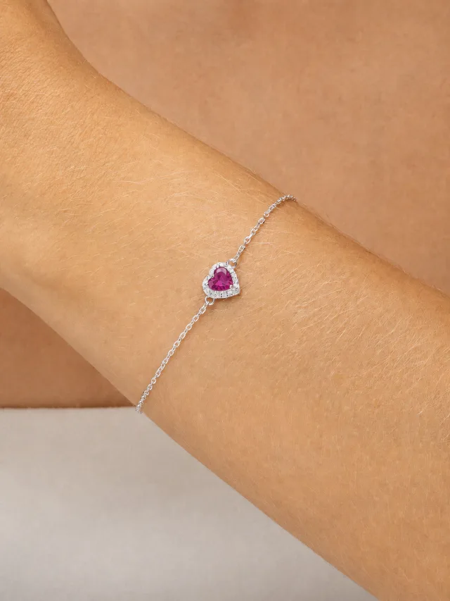 Pulseira de Prata 925 Coração Central de Zircônia Rosa Escuro Cravejado em Volta