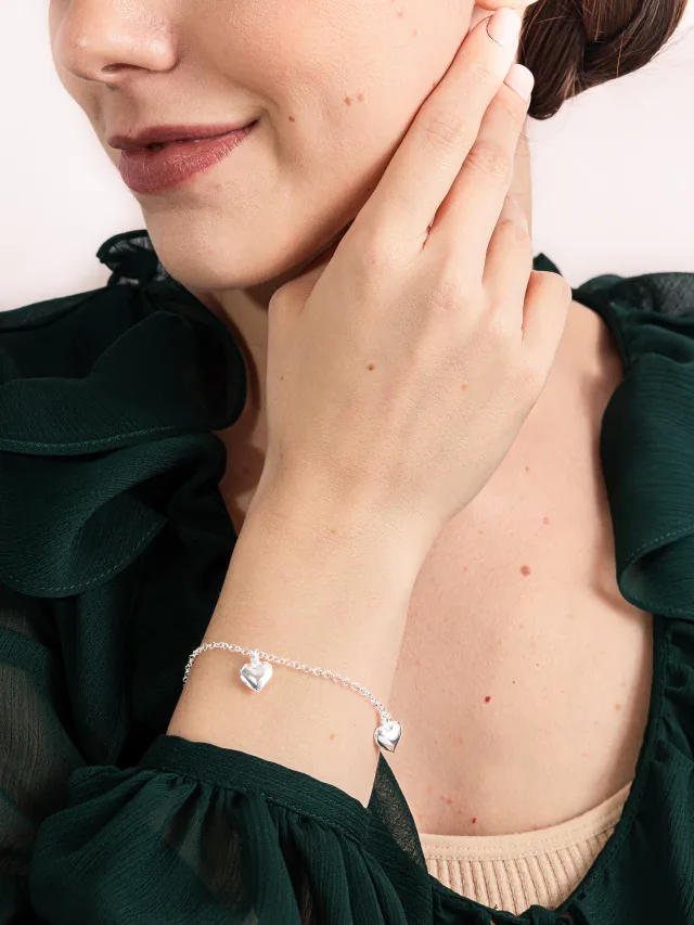 Pulseira de Prata 925 Corações Pendurados Grandes