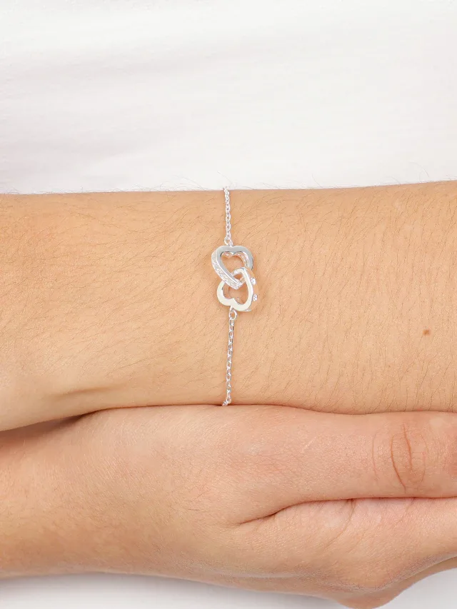 Pulseira de Prata 925 Argolas Corações Entrelaçados