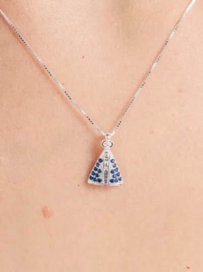 Colar de Prata 925 Nossa Senhora de Aparecida Cravejado com Zircônias Azuis — foto 2