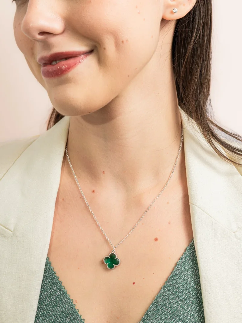 Colar de Prata 925 Trevo Detalhado Verde