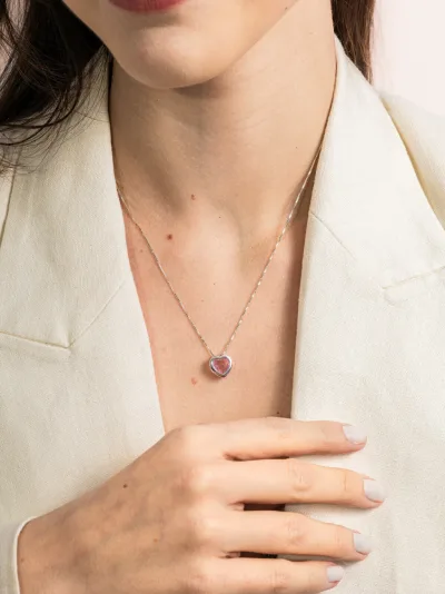 Colar de Prata 925 Coração Zircônia Rosa Cravação Inglesa — foto 1