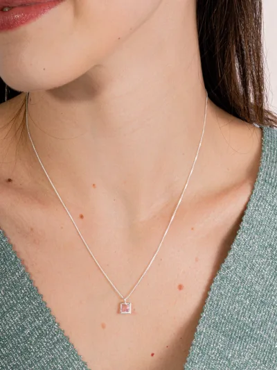 Colar de Prata 925 Zircônia Quadrada Rosa Cravação Inglesa — foto 2