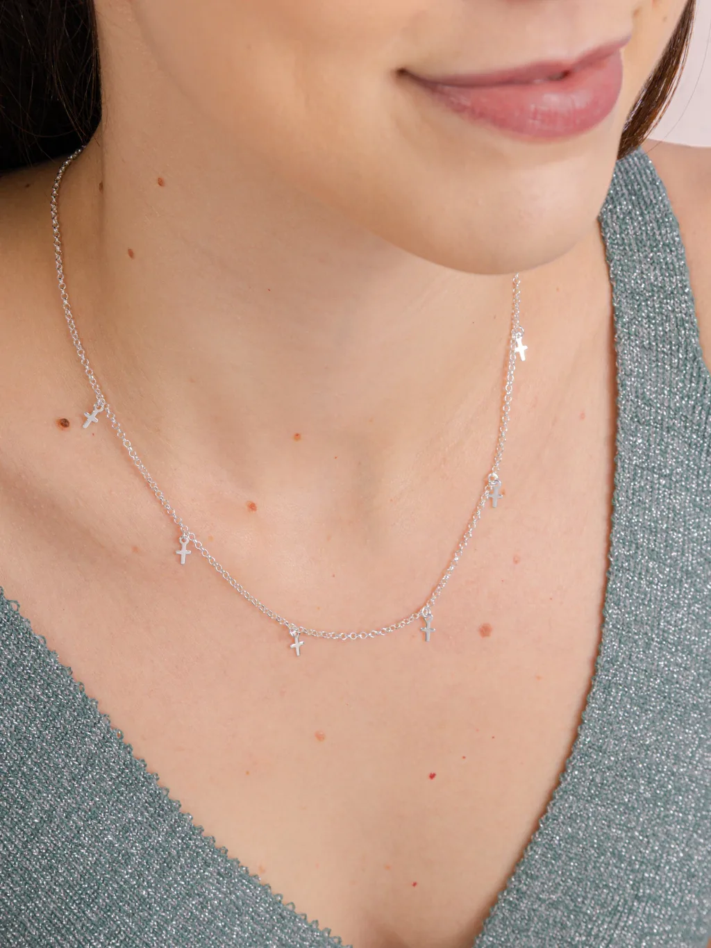 Colar de Prata 925 Choker Pingentes Cruz