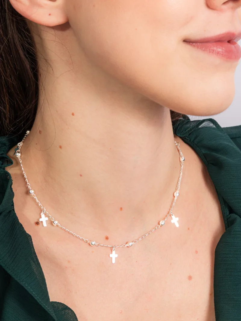 Colar Choker de Prata 925 Cruz com Bolinhas