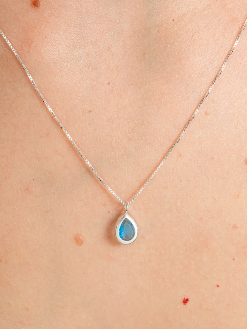 Colar de Prata 925 Zircônia Gota Azul Claro Cravação Inglesa