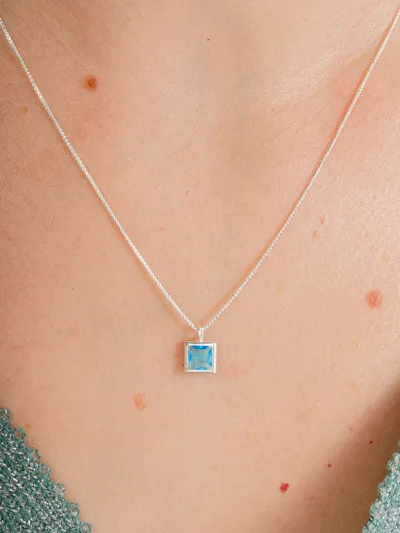 Colar de Prata 925 Zircônia Quadrada Azul Cravação Inglesa 7mm — foto 2
