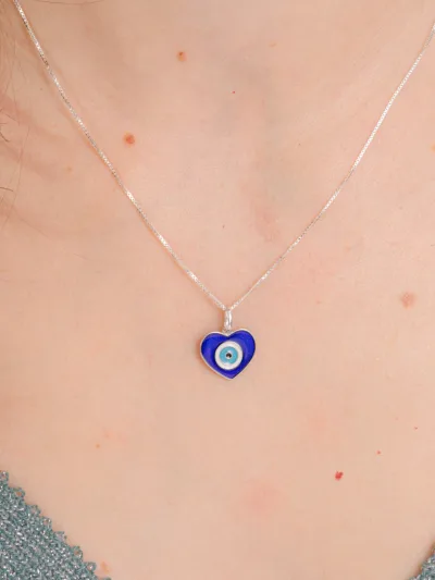 Colar de Prata 925 Coração Olho Grego Azul Resinado — foto 2