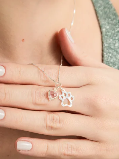 Colar de Prata 925 Pata e Ponto de Luz Coração Rosa — foto 2