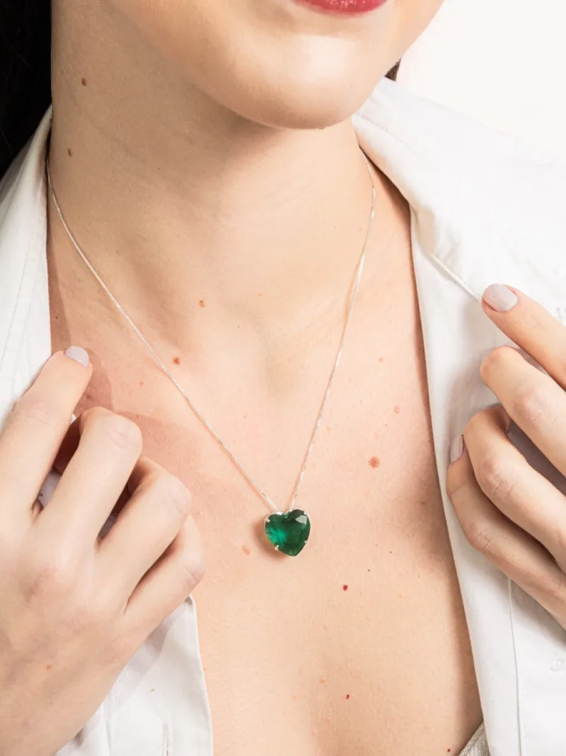 Colar de Prata 925 Coração Zircônia Verde Turmalina
