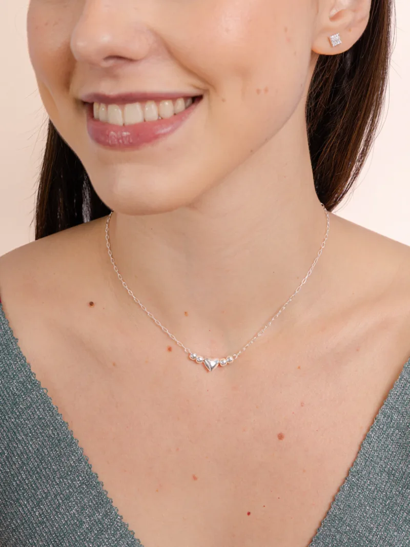 Colar de Prata 925 Choker Coração e Bolinhas