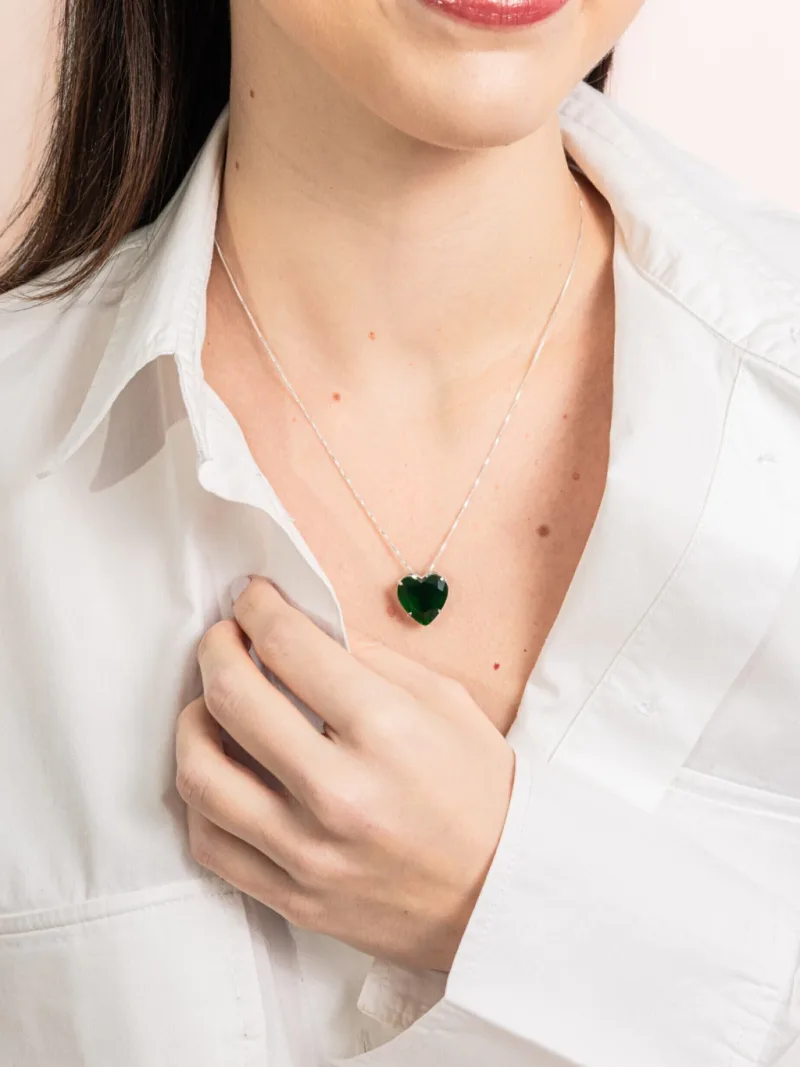 Colar de Prata 925 Coração Zircônia Verde Escura