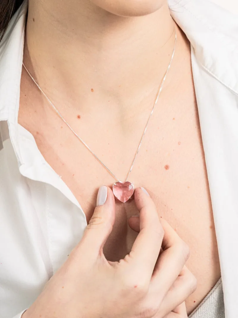 Colar de Prata 925 Coração Zircônia Rosa