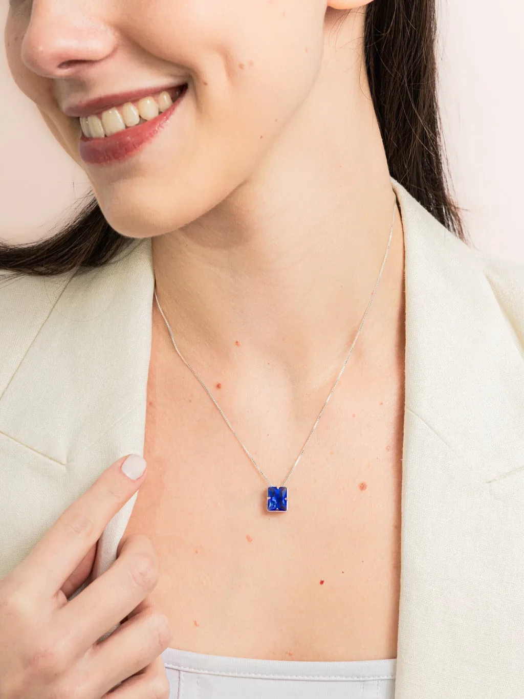 Colar de Prata 925 Zircônia Retangular Azul Escuro