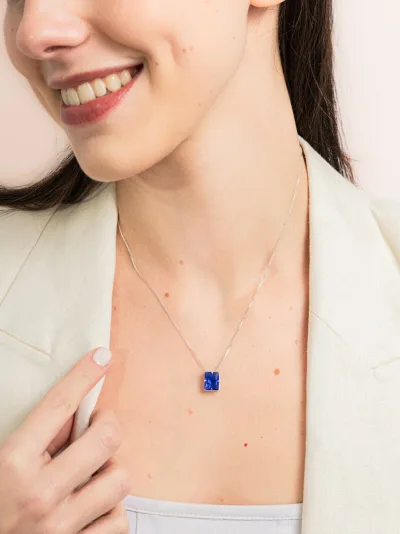 Colar de Prata 925 Zircônia Retangular Azul Escuro — foto 1