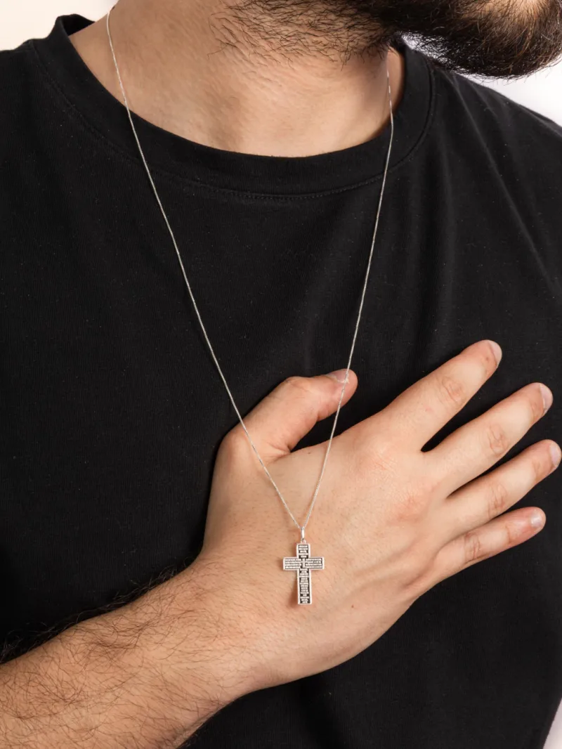 Colar de Prata 925 Masculino Cruz com Pai Nosso Resinado