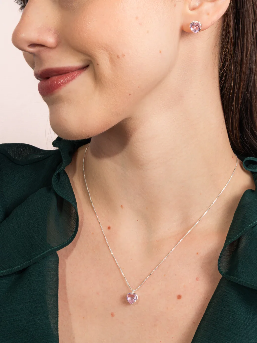 Conjunto De Prata 925 Coração Zircônia Rosa