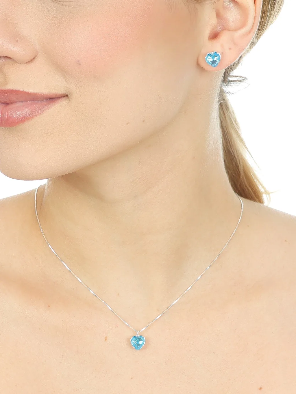 Conjunto de Prata 925 Coração Zircônia Azul Claro