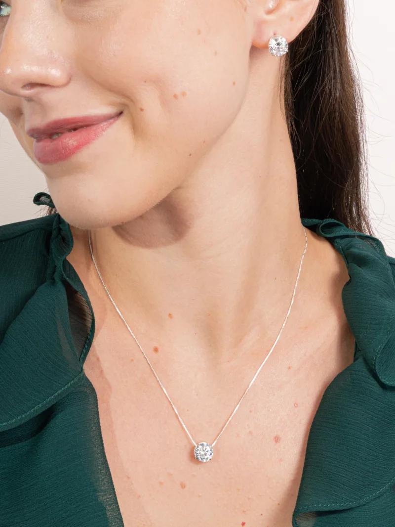 Conjunto de Prata 925 Zircônia Branca Redonda 9mm