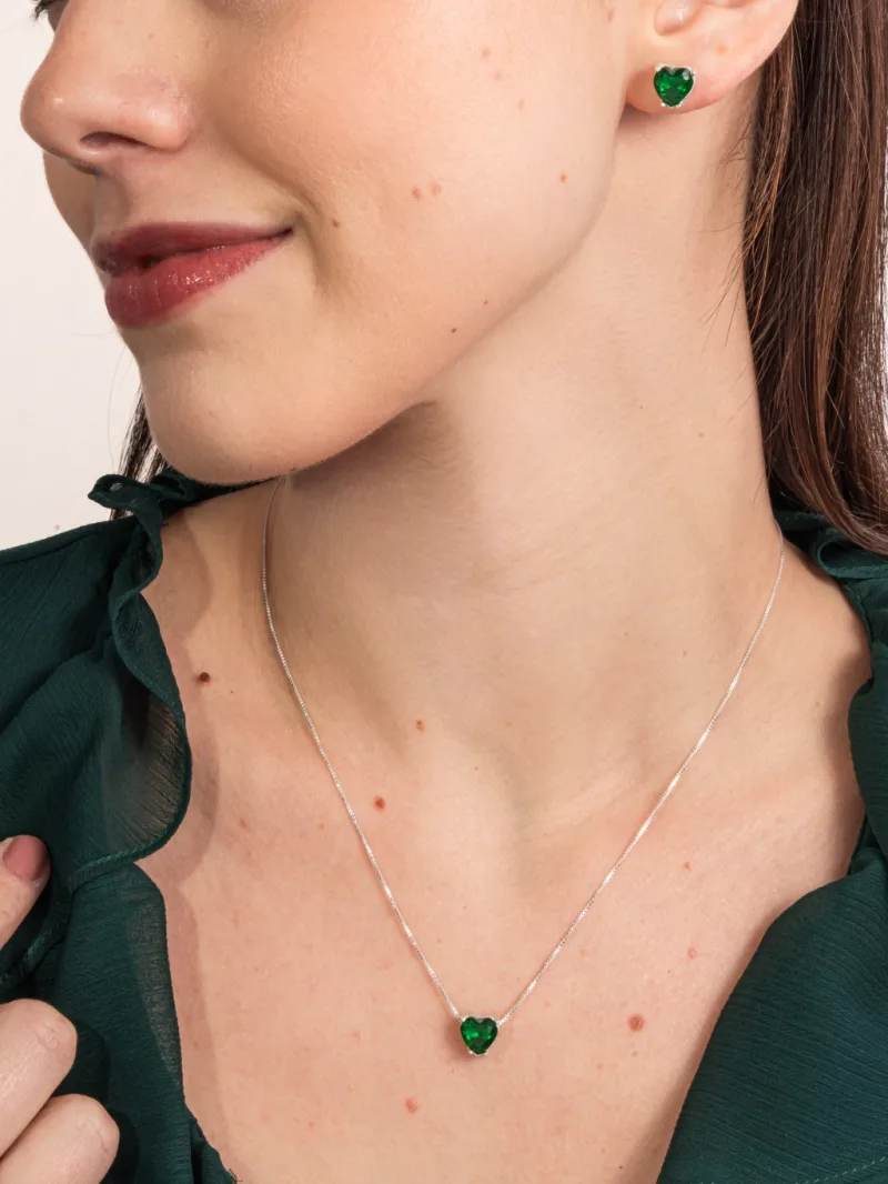 Conjunto De Prata 925 Coração Zircônia Verde