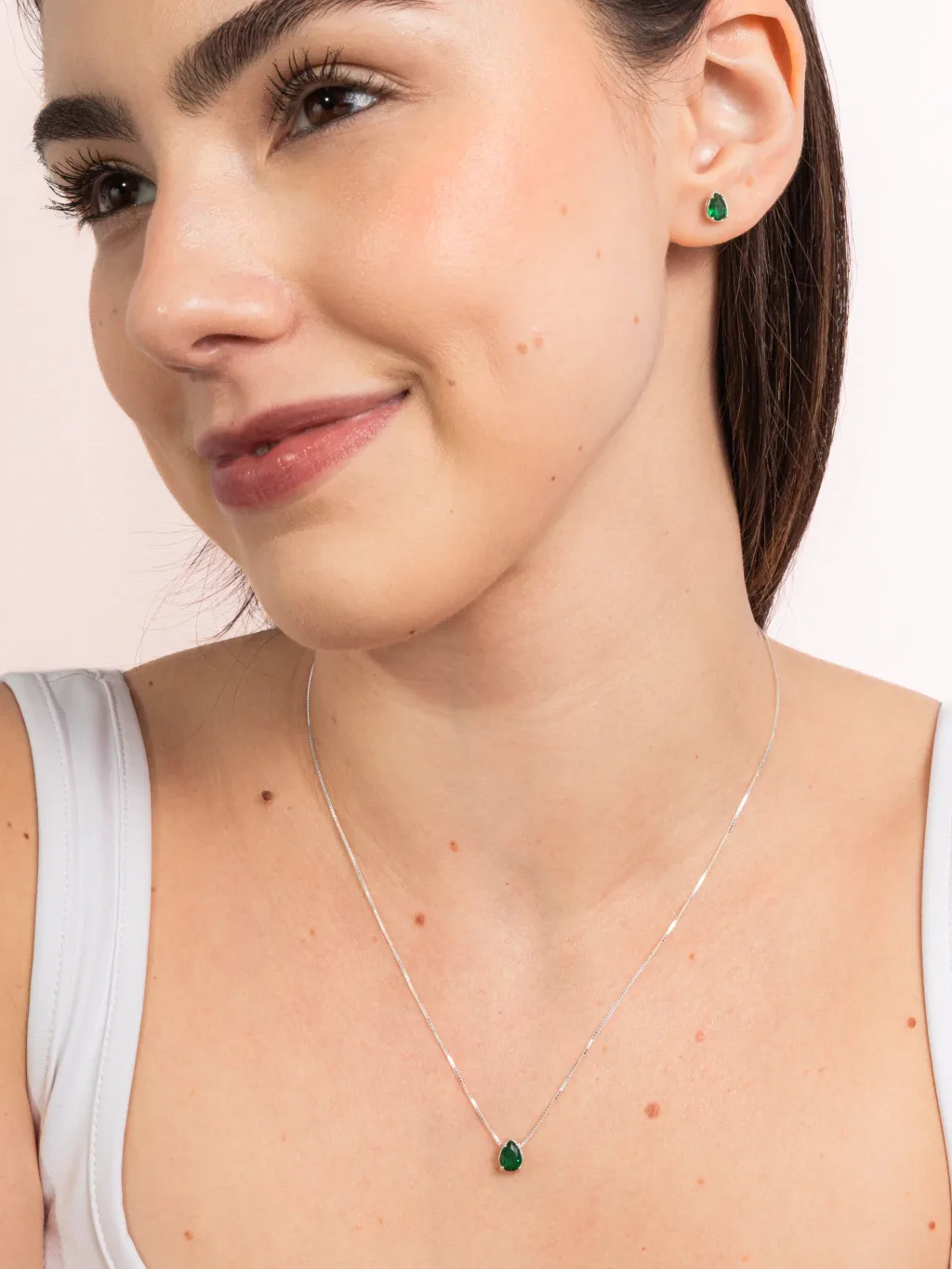 Conjunto de Prata 925 Gota Zircônia Verde Escuro 7mm x 5mm