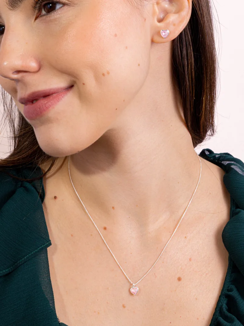 Conjunto de Prata 925 Zircônia Coração Rosa Cravação Inglesa