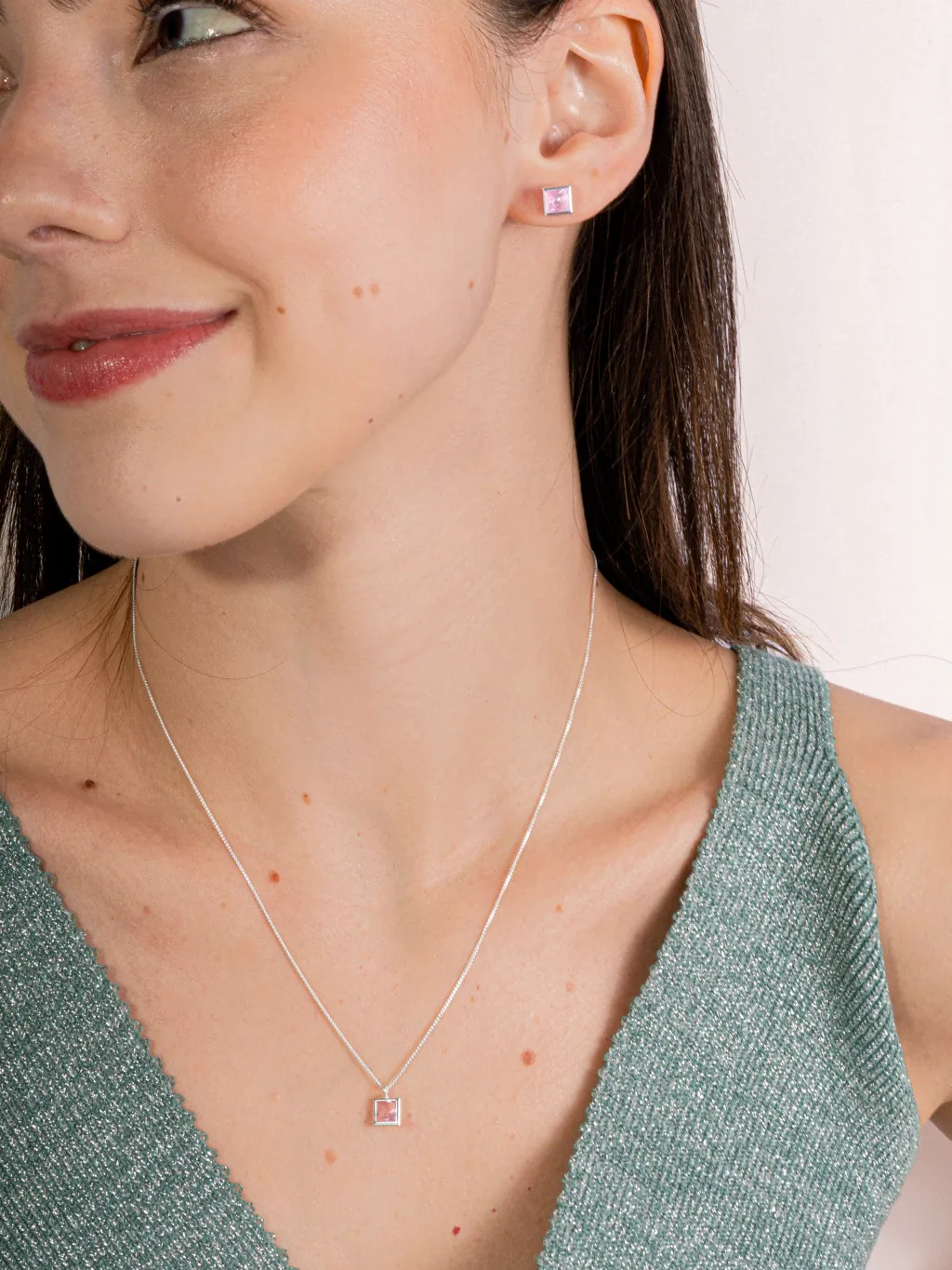Conjunto de Prata 925 Zircônia Quadrada Rosa Cravação Inglesa 7mm