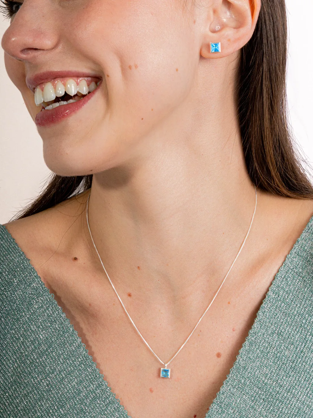 Conjunto de Prata 925 Zircônia Quadrada Azul Cravação Inglesa 7mm