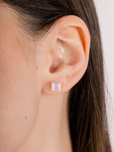Conjunto de Prata 925 Zircônia Quadrada Rosa Cravação Inglesa 7mm — foto 3