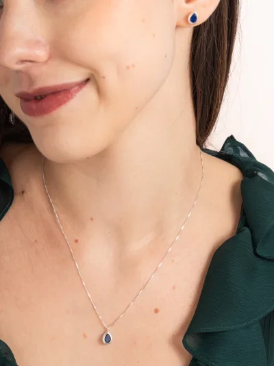 Conjunto de Prata 925 Zircônia Gota Azul Escuro Cravação Inglesa — foto 1