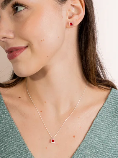 Conjunto de Prata 925 Zircônia Quadrada Vermelho Cravação Inglesa 7mm — foto 1