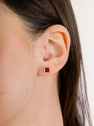 Conjunto de Prata 925 Zircônia Quadrada Vermelho Cravação Inglesa 7mm — foto 3