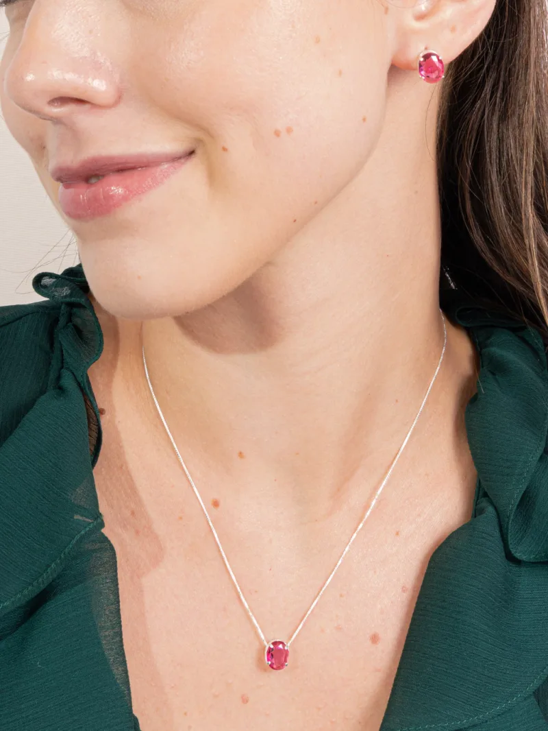Conjunto de Prata 925 Zircônia Rosa Escuro Oval