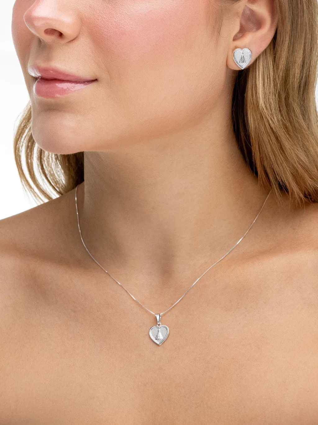 Conjunto de Prata 925 Coração com Nossa Senhora