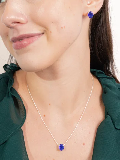Conjunto de Prata 925 Zircônia Azul Escuro Oval — foto 1
