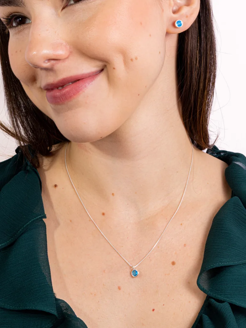 Conjunto de Prata 925 Zircônia Redonda Azul Claro Cravação Inglesa