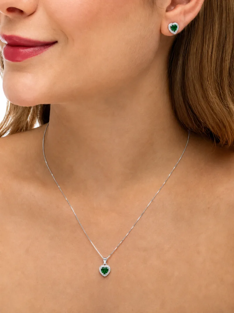 Conjunto de Prata 925 Coração de Zircônia Verde Escuro Cravejada em Volta