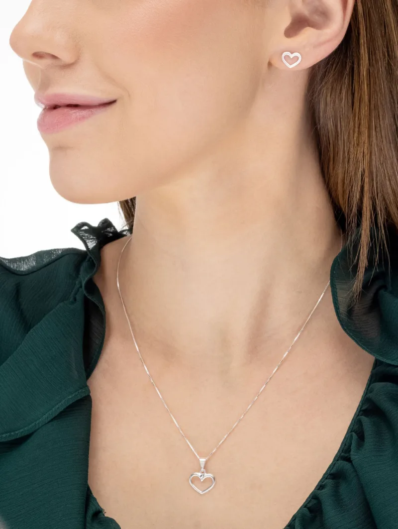 Conjunto de Prata 925 Coração Vazado Delicado