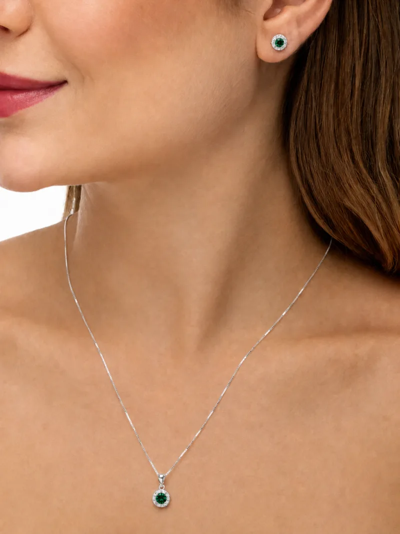 Conjunto de Prata 925 Zircônia Redonda Verde Escuro Cravejado em Volta