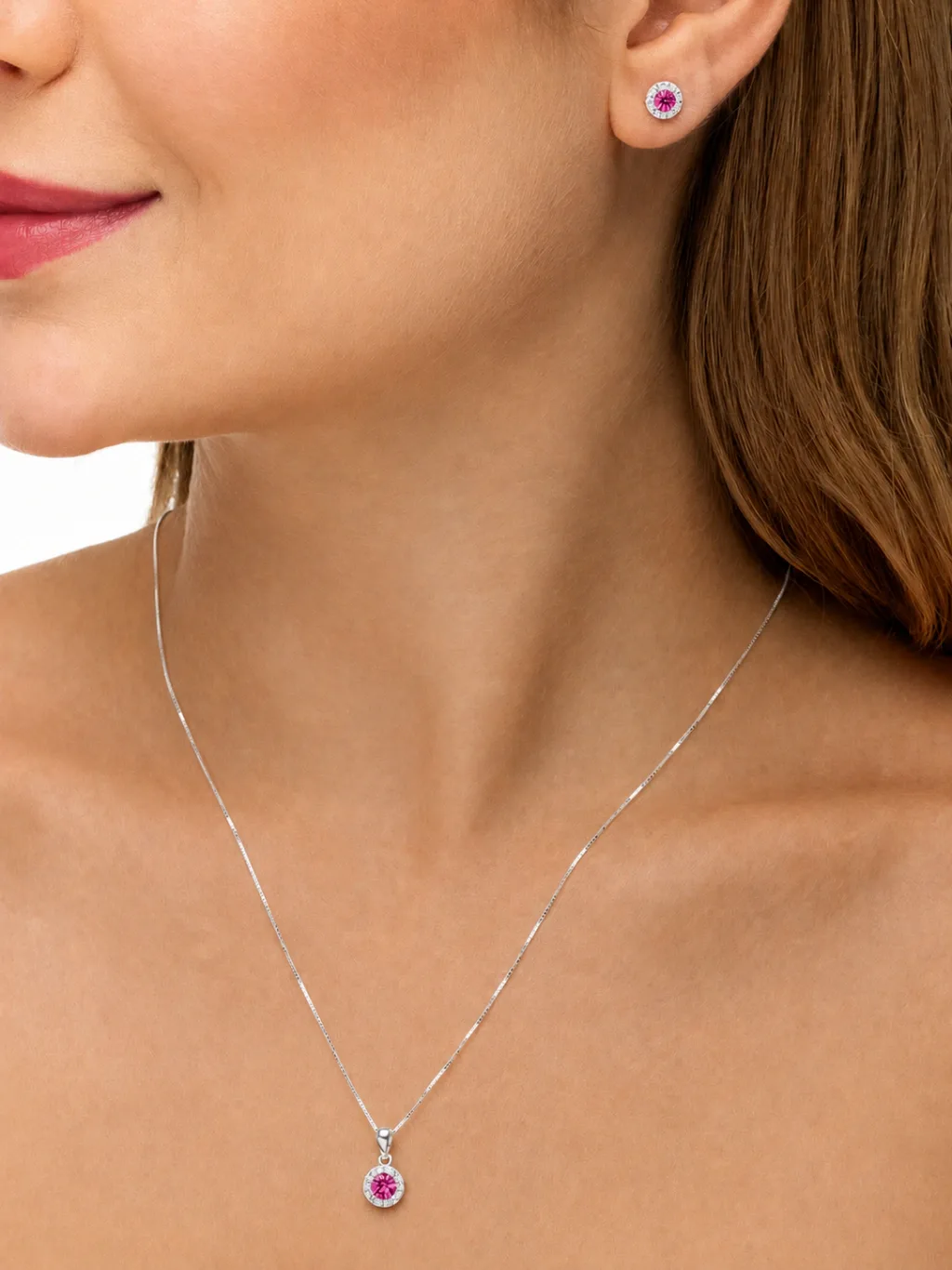Conjunto de Prata 925 Zircônia Redonda Rosa Escuro Cravejado em Volta
