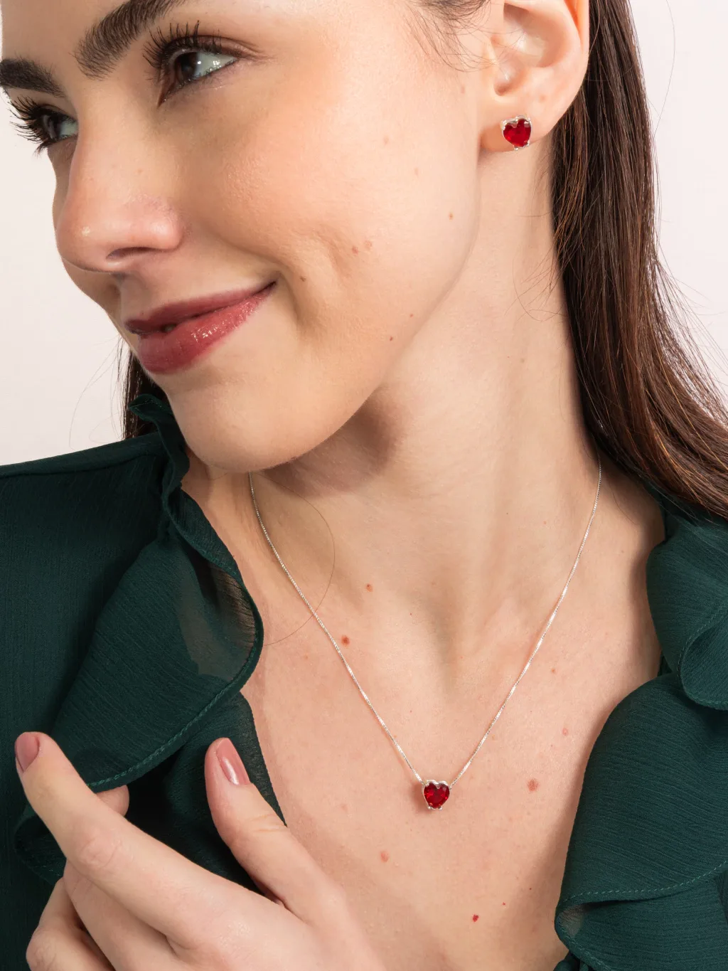 Conjunto De Prata 925 Coração Zircônia Vermelho