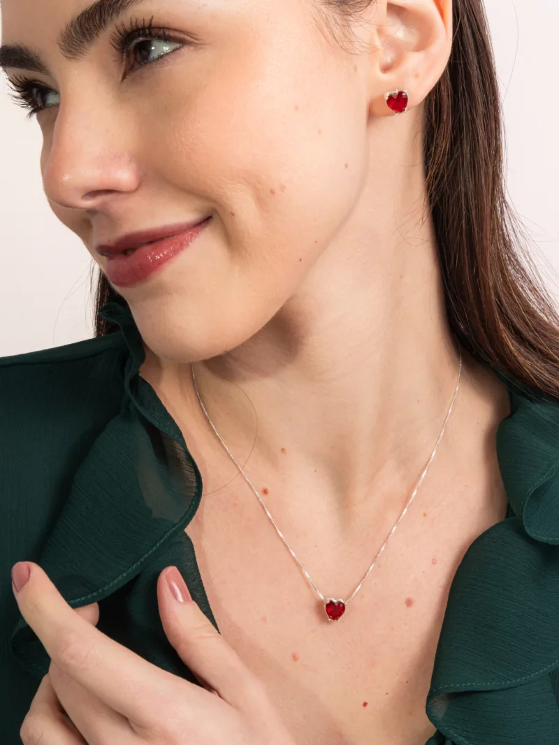 Conjunto De Prata 925 Coração Zircônia Vermelho
