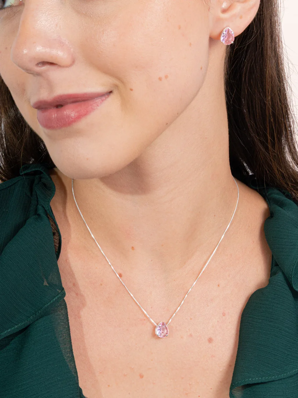 Conjunto de Prata 925 Gota Zircônia Rosa 8mm x 6mm