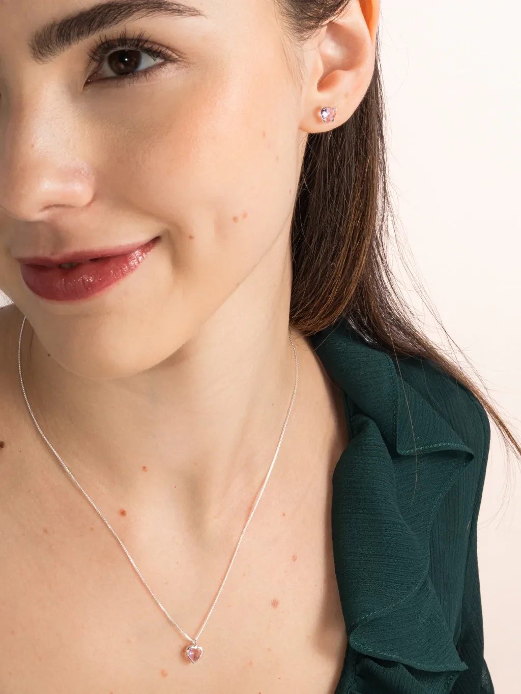 Conjunto De Prata 925 Coração Delicado Zircônia Rosa