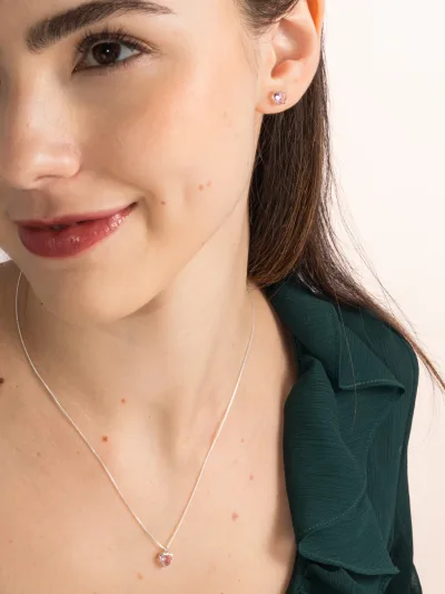 Conjunto De Prata 925 Coração Delicado Zircônia Rosa — foto 1